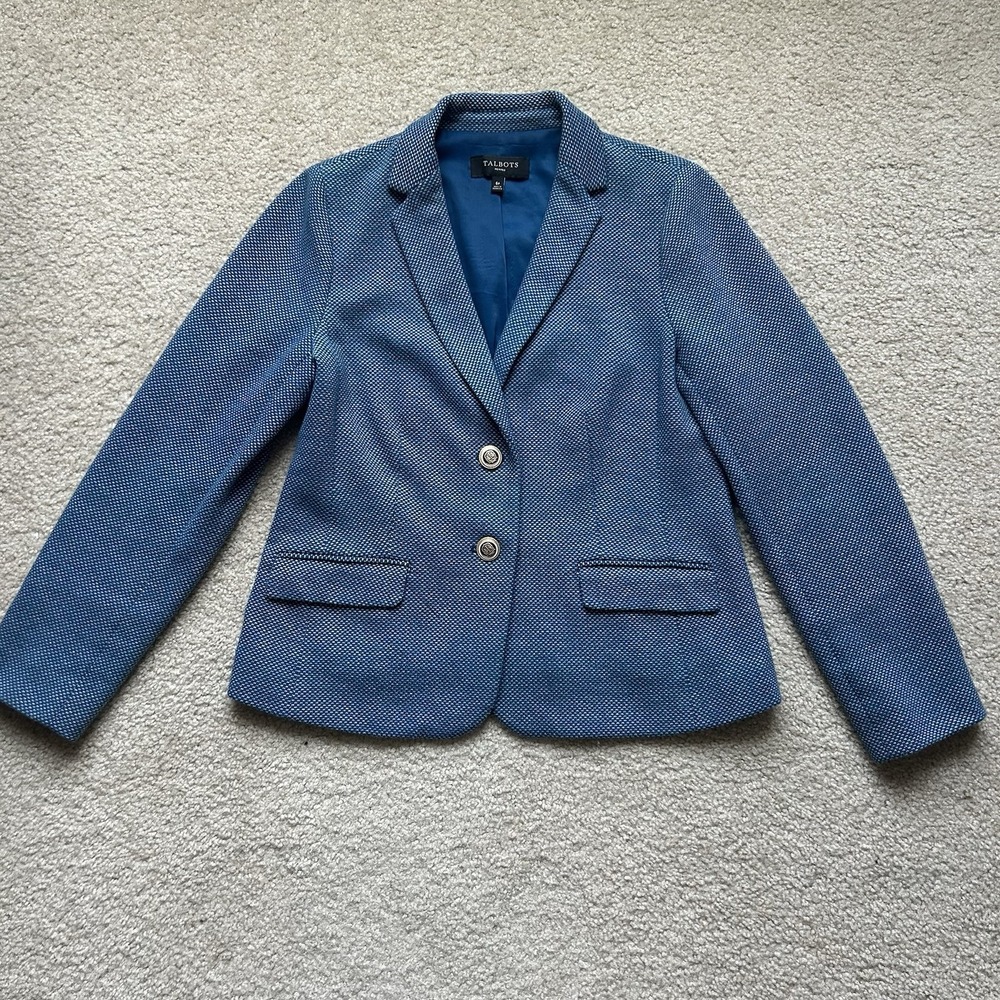 Talbots Cotton Blend Blue Blazer 6P Petite Gold Tone Button Business Jacket EUC